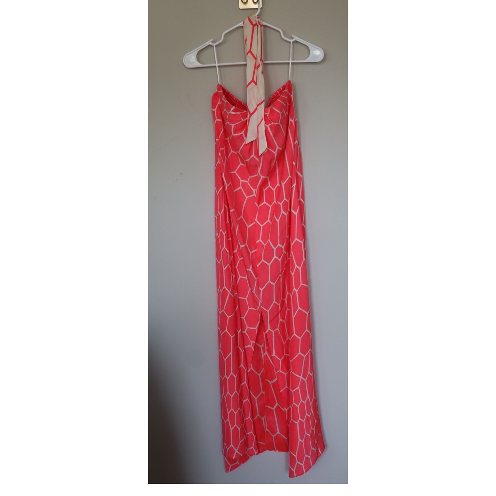 Alice & Tricia 100% Silk Pink Geometric Honeycomb Halter Maxi Dreas